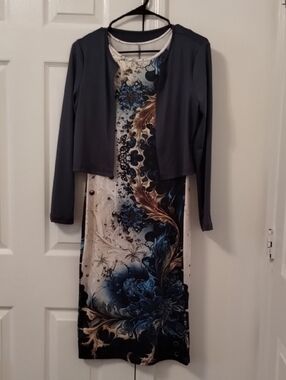 Blue and Cream Floral Midi Dress with Slate Crop Jacket
